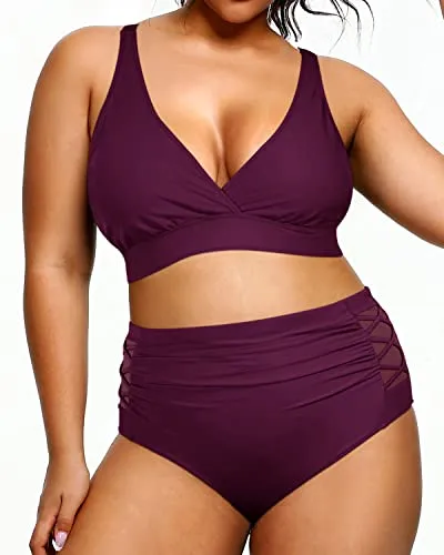 Plus Size Bikini High Waisted Two Piece Bathing Suit Tummy Control-Maroon