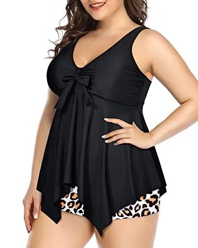 Plus Size Modest Swimsuits For Women With High Waisted Swim Bottoms-Black And Leopard