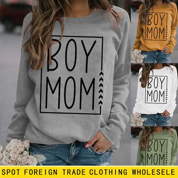 Pullover Simple Round Neck Top Long Sleeve Boy Mom Printed Loose Sweater