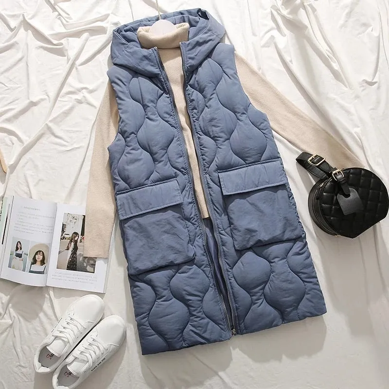 Purpdrank - Autumn winter new long paragraph over the knee hooded cotton vest female Slim sleeveless down womens vests winter waistcoat