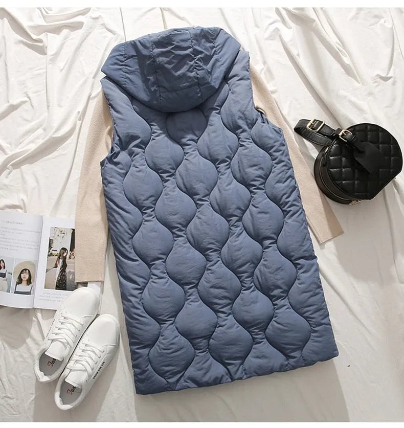 Purpdrank - Autumn winter new long paragraph over the knee hooded cotton vest female Slim sleeveless down womens vests winter waistcoat