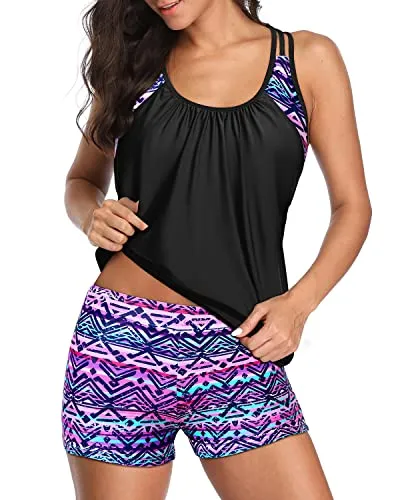 Racerback Bathing Suit Top Boy Shorts For Women-Black And Tribal Purple