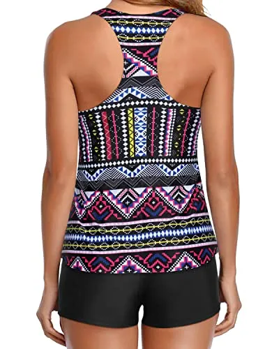 Racerback Tankini Bathing Suits Top With Shorts For Women-Printed Geometric