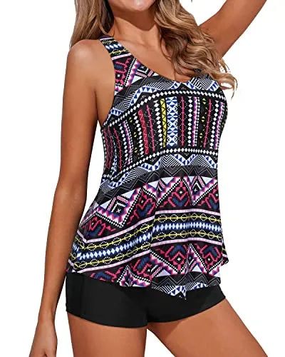 Racerback Tankini Bathing Suits Top With Shorts For Women-Printed Geometric