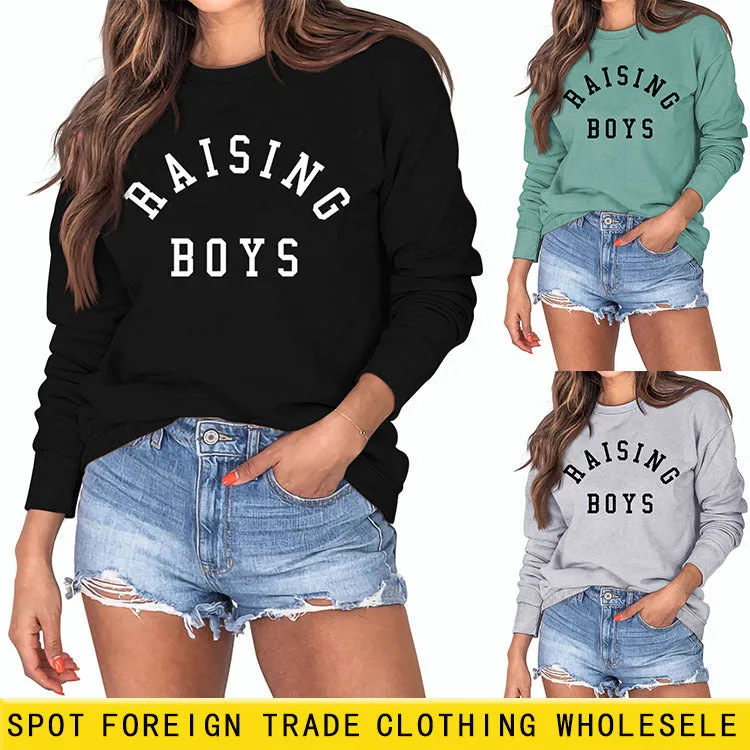 RAISING BOYS LETTERS LOOSE WOMEN'S BASE LONG SLEEVE SHIRT OVERSIZED SWEATSHIRT