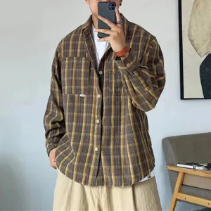 Riolio Spring Autumn Korean Style Casual High Quality Khaki Plaid Shirt Men Clothing Harajuku Coats Japanese Streetwear Vintage Clothes