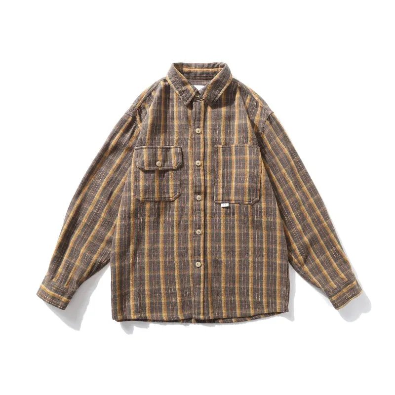 Riolio Spring Autumn Korean Style Casual High Quality Khaki Plaid Shirt Men Clothing Harajuku Coats Japanese Streetwear Vintage Clothes