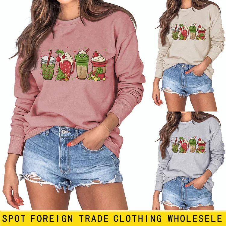 Round Neck Loose Bottom Print Long Sleeved Sweatshirt Woman