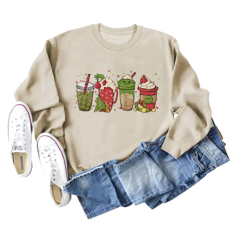 Round Neck Loose Bottom Print Long Sleeved Sweatshirt Woman