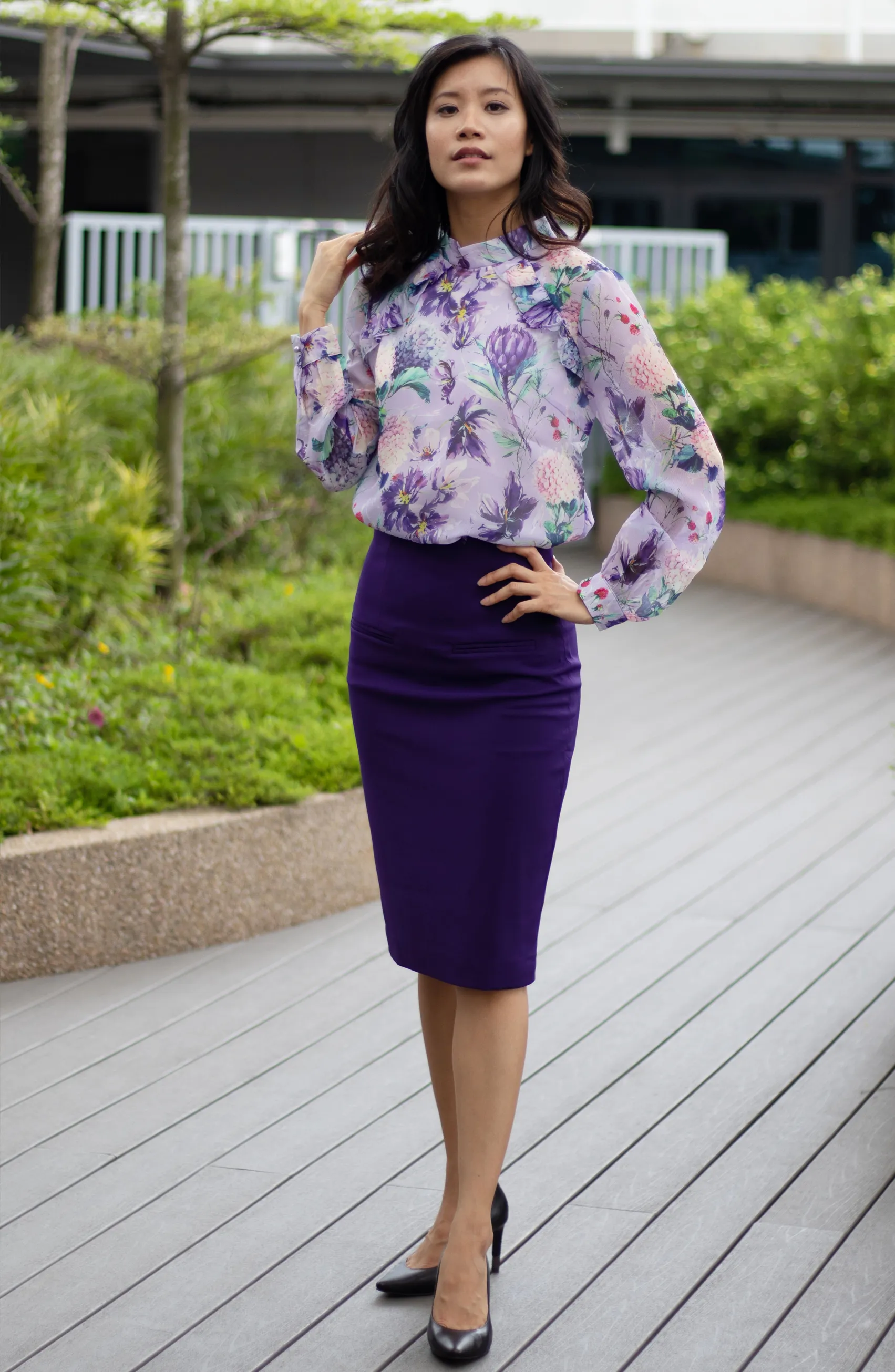 Royal Purple Lined Pockets High Waisted Pencil Work Skirt