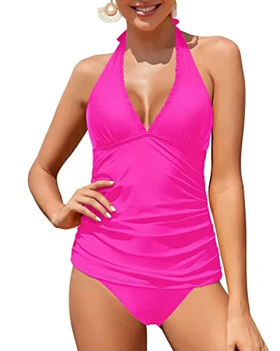 Ruffle V Neck Tankini Top With Tummy Control Swimsuit For Women-Neon Pink