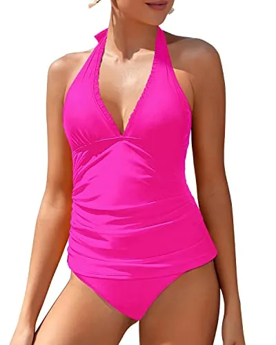 Ruffle V Neck Tankini Top With Tummy Control Swimsuit For Women-Neon Pink