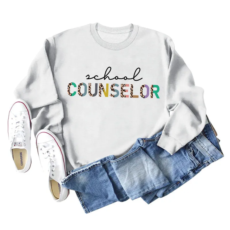 SCHOOL COUNSELOR Leopard Letter Printing Round Neck Loose Long Sleeve Plus Size Sweater Girl