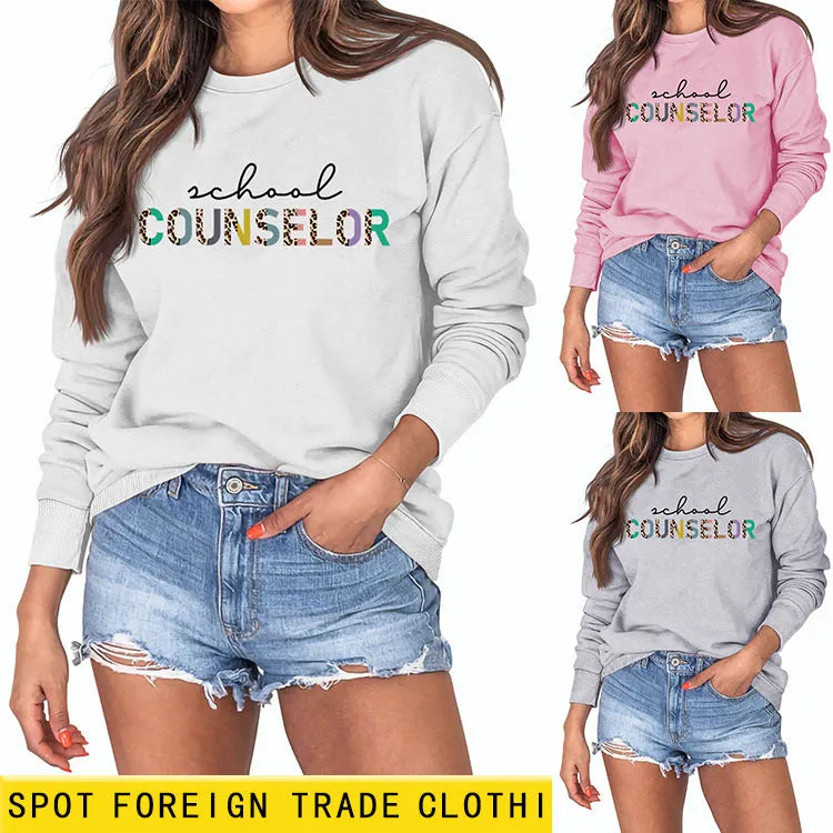 SCHOOL COUNSELOR Leopard Letter Printing Round Neck Loose Long Sleeve Plus Size Sweater Girl