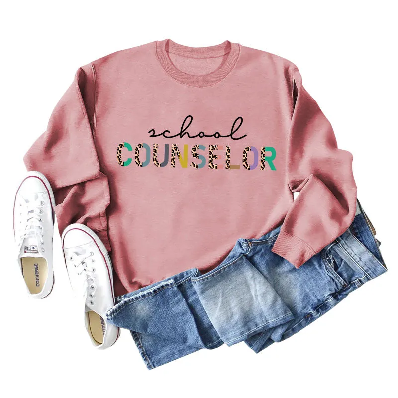 SCHOOL COUNSELOR Leopard Letter Printing Round Neck Loose Long Sleeve Plus Size Sweater Girl