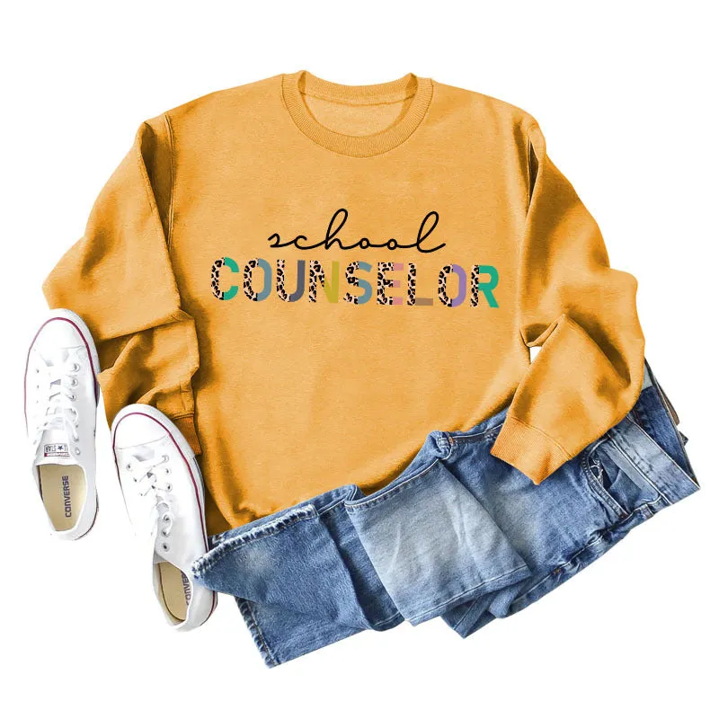 SCHOOL COUNSELOR Leopard Letter Printing Round Neck Loose Long Sleeve Plus Size Sweater Girl