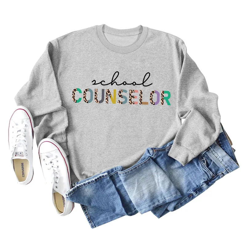 SCHOOL COUNSELOR Leopard Letter Printing Round Neck Loose Long Sleeve Plus Size Sweater Girl