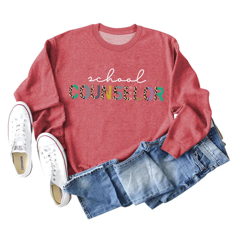 SCHOOL COUNSELOR Leopard Letter Printing Round Neck Loose Long Sleeve Plus Size Sweater Girl