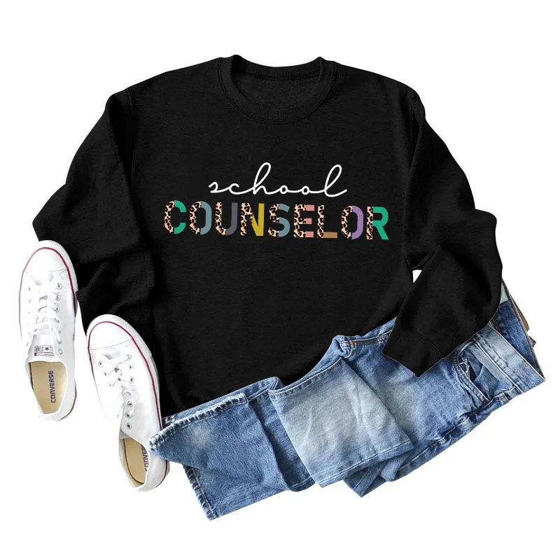 SCHOOL COUNSELOR Leopard Letter Printing Round Neck Loose Long Sleeve Plus Size Sweater Girl