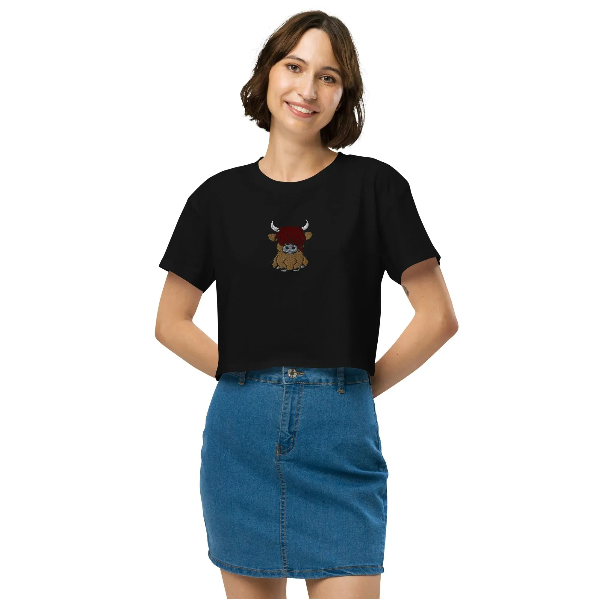 Scottish Highland Cow Embroidered Cropped T-Shirt