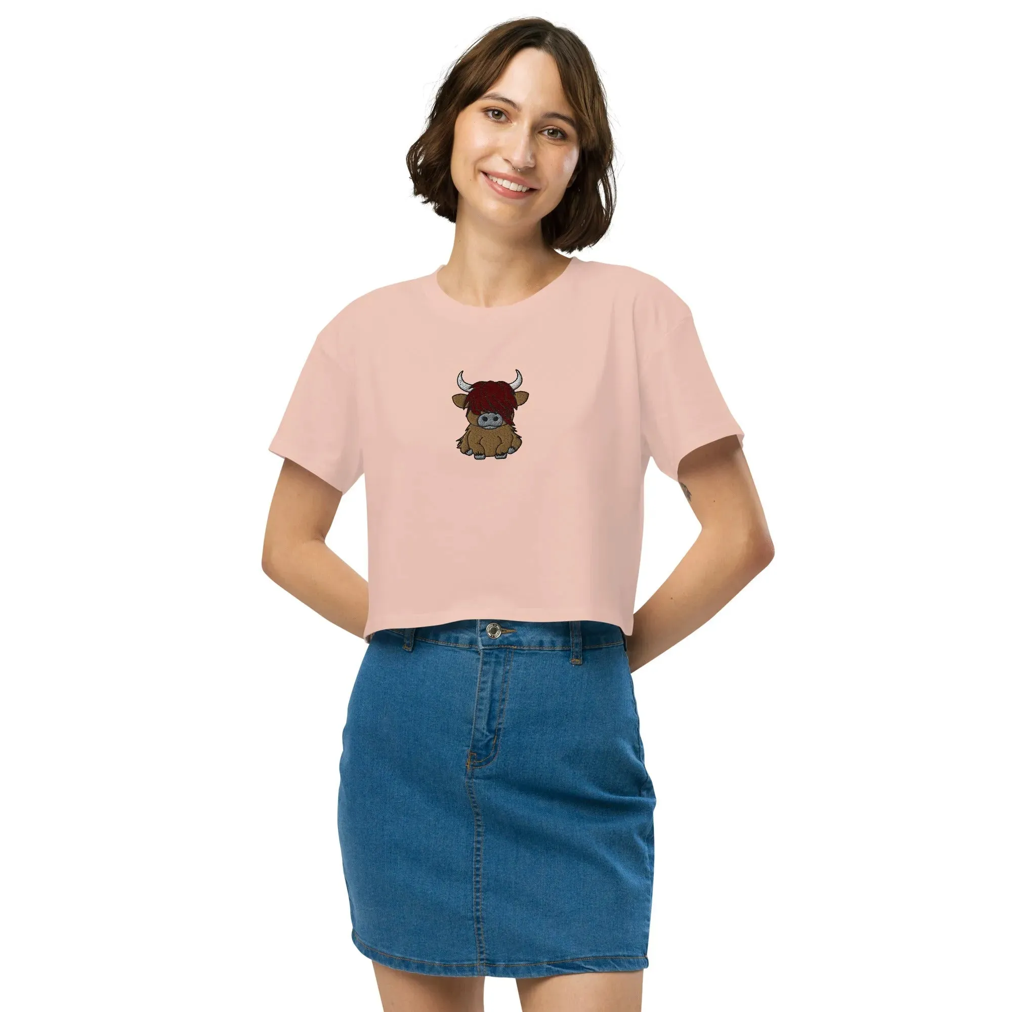 Scottish Highland Cow Embroidered Cropped T-Shirt