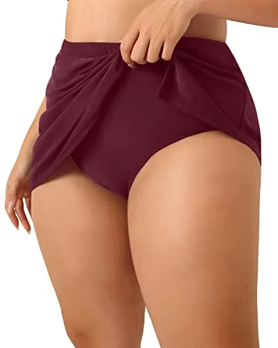 Side Slit Swim Skirt With Built In Brief For Curvy Women-Deep Burgundy