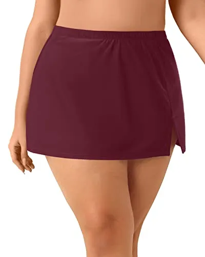 Side Slit Swim Skirt With Built In Brief For Curvy Women-Deep Burgundy