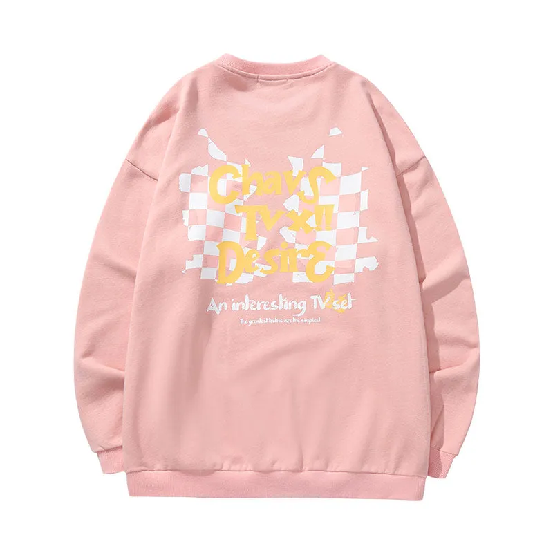 Simple basic checkerboard TV letter-printed round neck hoodie