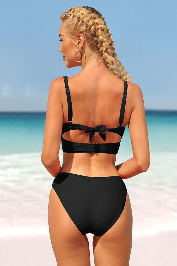 Square Neck Solid Color Ruching Cut Out Bikini Suits