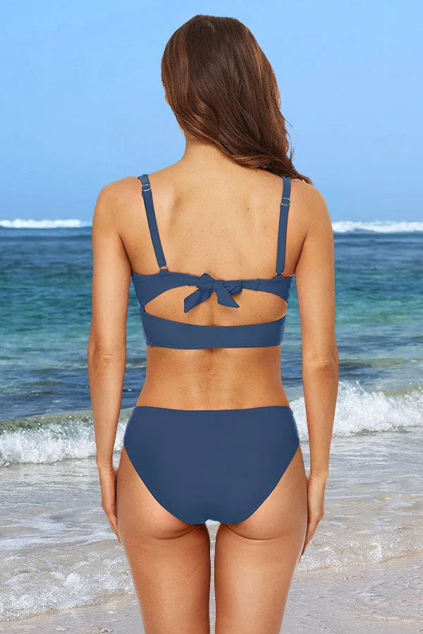 Square Neck Solid Color Ruching Cut Out Bikini Suits