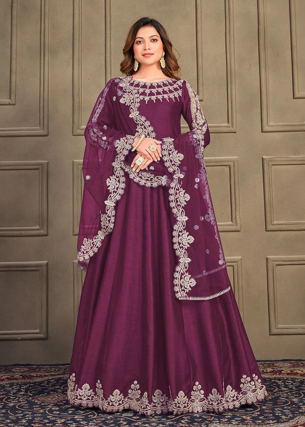 Stylish Plum Purple Art Silk Floor Length Anarkali Dress