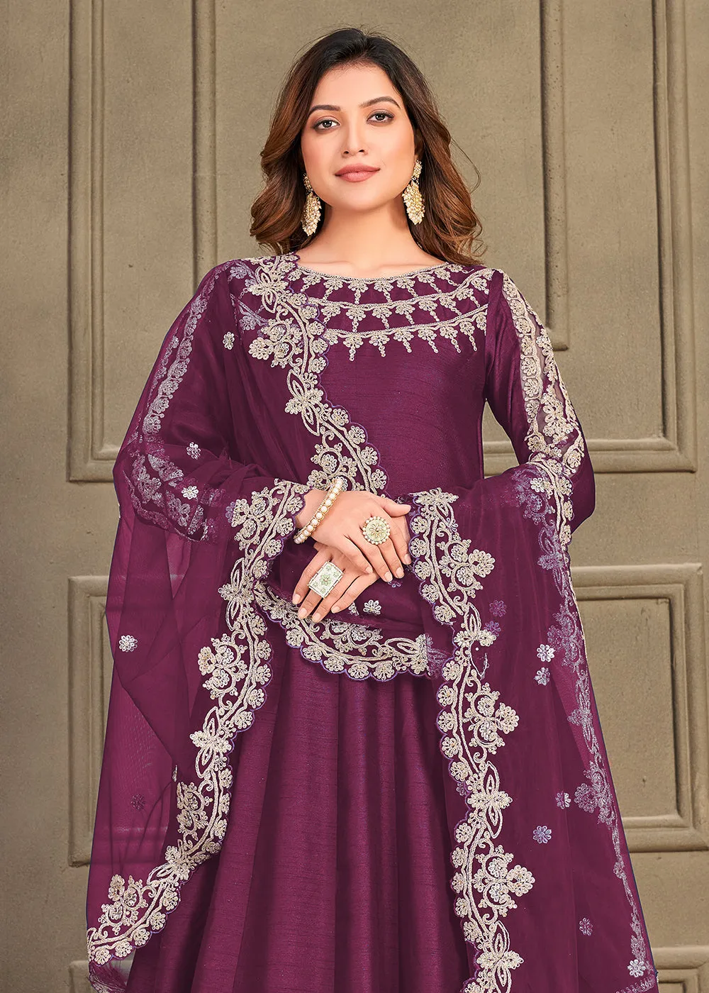 Stylish Plum Purple Art Silk Floor Length Anarkali Dress