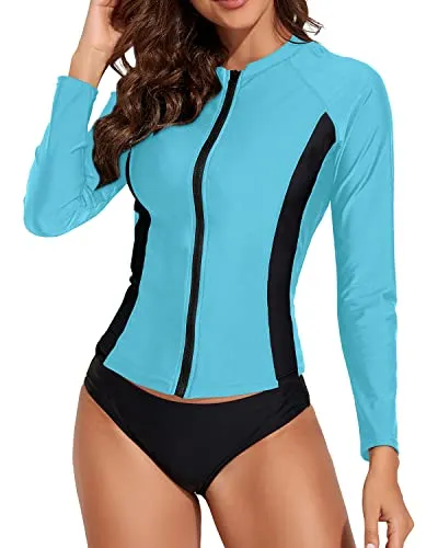 Upf 50  Long Sleeve Swim Shirts 2 Piece Rash Guard For Women-Aqua