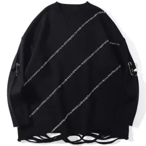 WLS Dark Pin Striped Embroidery Knitted Sweater