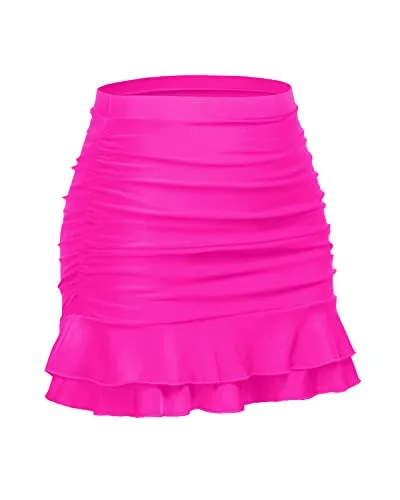 Women's Ruched Tummy Control Swim Skirt With Built In Brief-Neon Pink