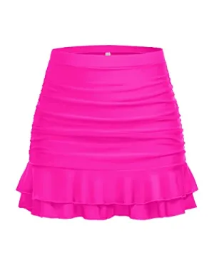 Women's Ruched Tummy Control Swim Skirt With Built In Brief-Neon Pink