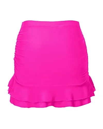 Women's Ruched Tummy Control Swim Skirt With Built In Brief-Neon Pink