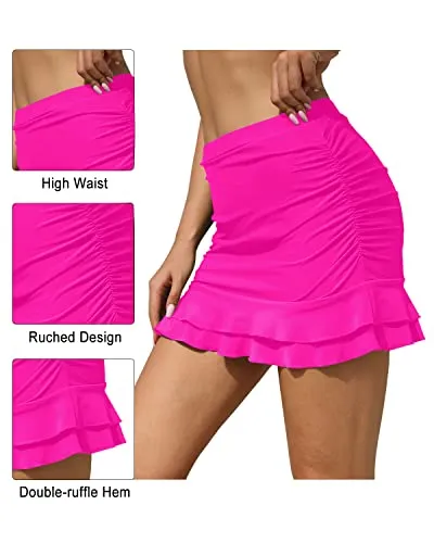 Women's Ruched Tummy Control Swim Skirt With Built In Brief-Neon Pink