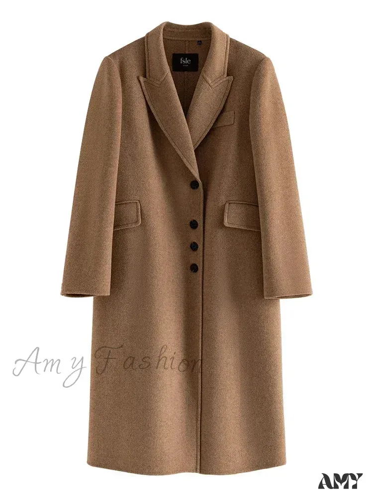 Wool Camel Color Front Shoulder Single Breasted Office Lady Long Winter Coat