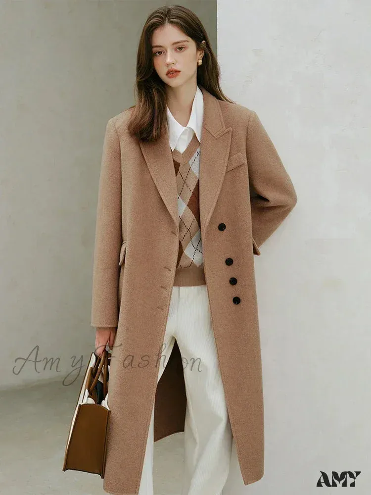 Wool Camel Color Front Shoulder Single Breasted Office Lady Long Winter Coat